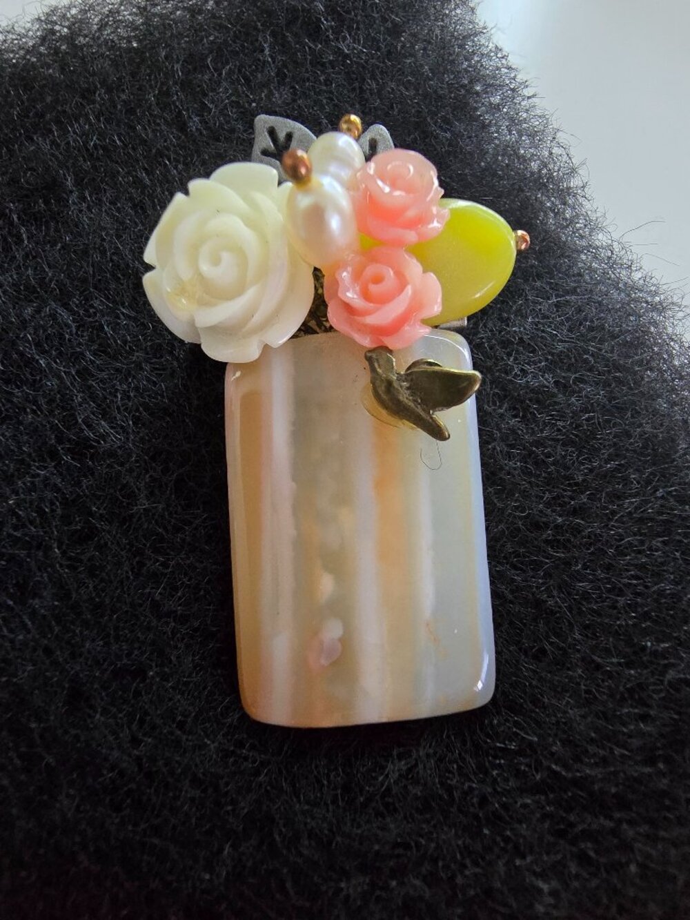 Vintage Mother of Pearl Carved Rose Flower Brooch Pendant Antique Silver Tone